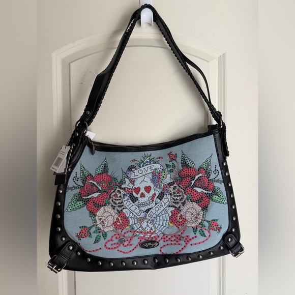 Ed Hardy Handbags - NEW ED HARDY DENIM SKULL, RHINESTONES and FLOWERS   SHOULDER BAG Y2K biker